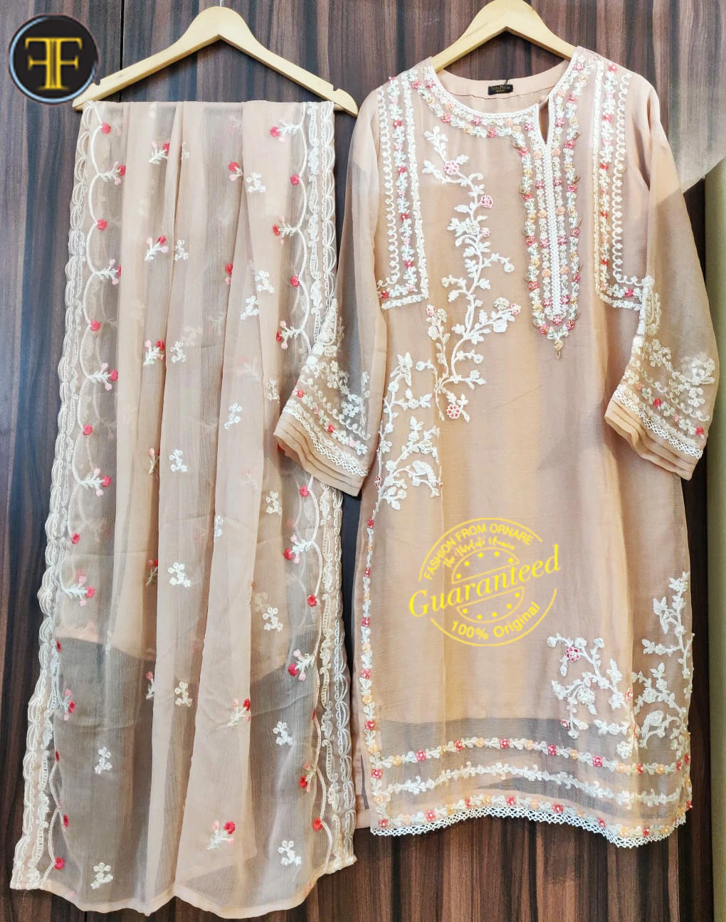 Agha Noor Peach Suit with Chiffon Dupatta L